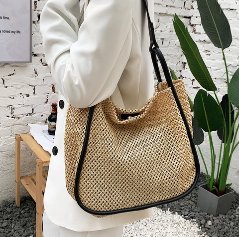 Bolso Tote Tejido De Paja Con Ribete De Cuero PU Gran Capacidad Vacaciones De Verano En La Playa Bolso De Hombro De Color Contrastante Para Mujer
