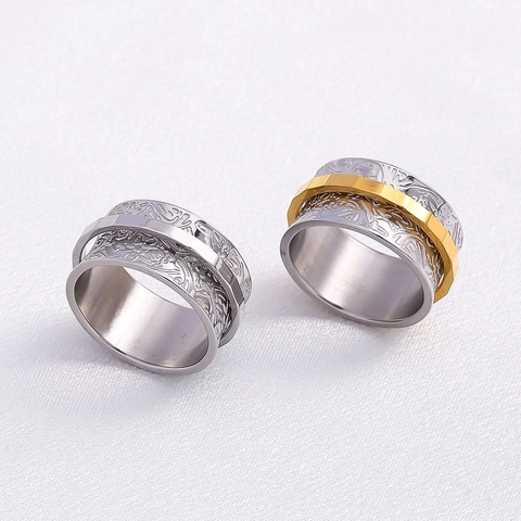 Stainless Steel Spinner Ring Retro Floral Relief Rotating Band Stress Relief Jewelry For Men Women Bohemian Style