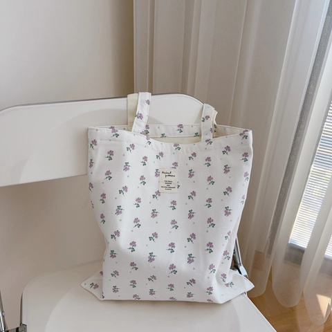 Bolso Tote Floral Mujeres Gran Capacidad Algodón Lona Bolso De Hombro Estético Estampado Flores De Mano