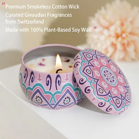 Scented Candles Aromatherapy Soy Wax With Dried Flowers Metal Tin Cans Bohemian Mandala Patterns Christmas Gift Home Decor