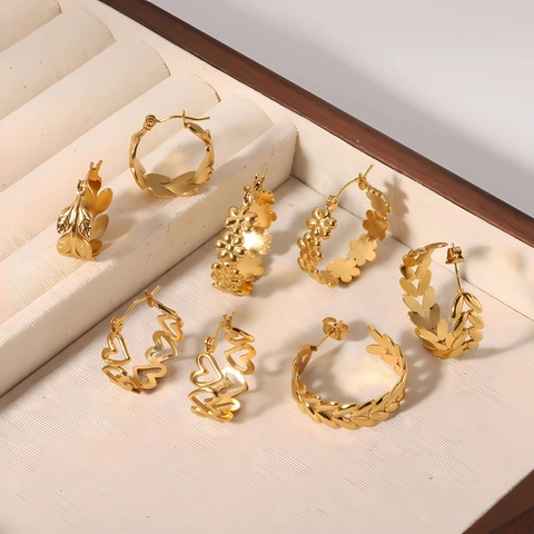 Titanium Stahl Creolen Vergoldet Blume Blatt Herz Muster Eleganter Schmuck Für Damen