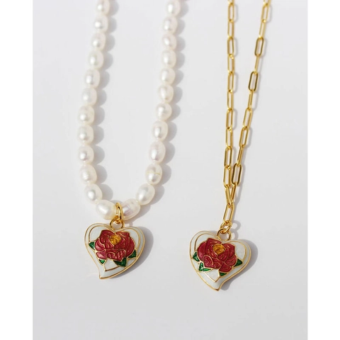 Collier Pendentif Cœur Laiton Plaqué Or Émail Rose Fleur Style Français Vintage Künstliche Perle Chaîne Paperclip Bijoux