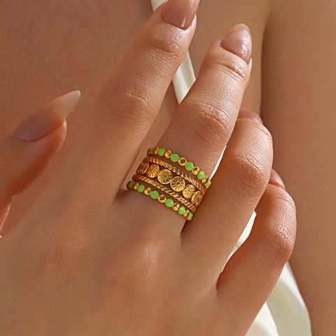 Vintage Multi Layer Open Ring Stainless Steel Gold Plated Green Enamel Sunflower Relief Flower Fashion Jewelry For Women