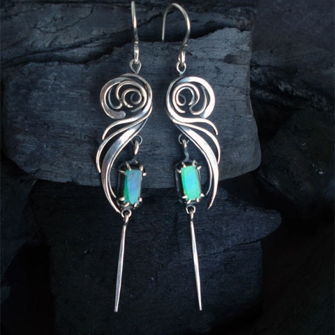 Vintage Alloy Drop Earrings With Teal Green Rectangular Zircon Hollow Geometric Scroll Pattern Dangle For Women