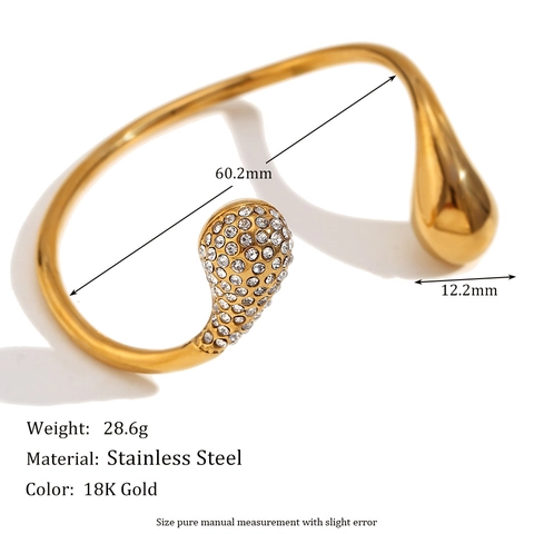 Bracciale Rigido Aperto Goccia D'acqua Acciaio Inossidabile Placcato Oro 18K Strass Gioielli Geometrici Eleganti Donne