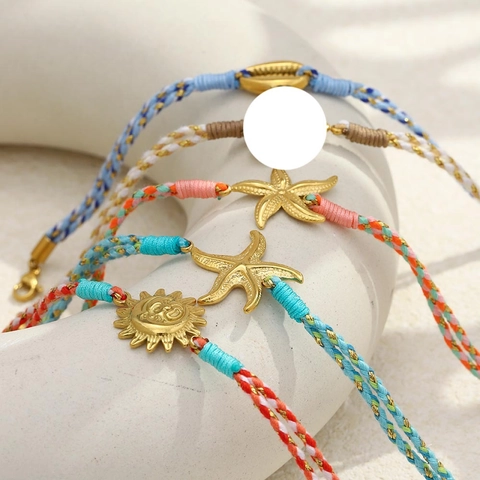 Bohemian Gewebtes Seil Armband 18K Vergoldet Edelstahl Herz Seestern Muschel Sonne Verstellbar Sommer Strand Schmuck Damen