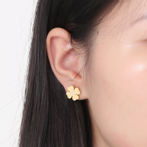 Edelstahl Ohrstecker Vergoldet Kleeblatt Hohle Blume Zirkon Minimalistischer Schmuck Für Damen