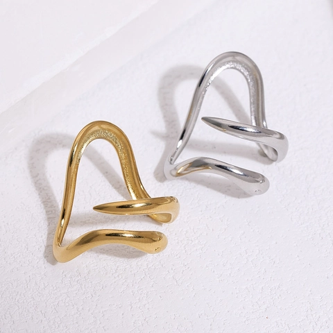 Anello Aperto Serpente E Onda Donna Minimalista Acciaio Inossidabile Placcato Oro 18K Regolabile Irregolare Gioielli Moda Estetica