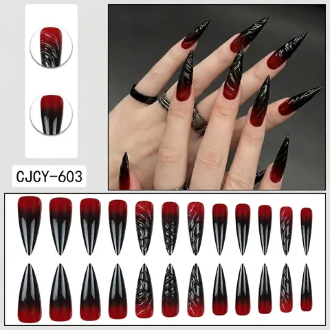 Unghie Finte Press On Rilievo 3D Ombre Rosso Nero Lungo Stiletto Gradiente Stile Gotico Lucido Artificiali