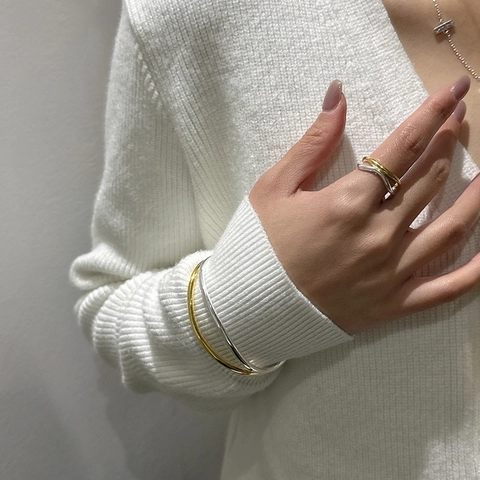 S925 Sterlingsilber Koreanisches Nischendesign Gold Silber Kontrast Welle Offener Ring Minimalistisch Verstellbarer Geometrischer Fingerring Damen