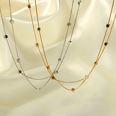 Geometric Square Bead Necklace Minimalist 18K Gold Plated Stainless Steel Layered Chain Chic Trendy Jewelry For Women Gift