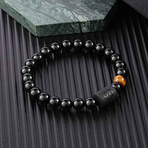 Zodiac Beaded Bracelet Black Glazed Beads Tiger Eye Stone Elastic Astrology Jewelry For Men And Women