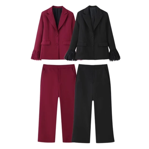 Women's Fashion Polyester Blazer Or Pants With Feather Fringe Sleeves Solid Color Commute Elegant Office Wear For Ladies