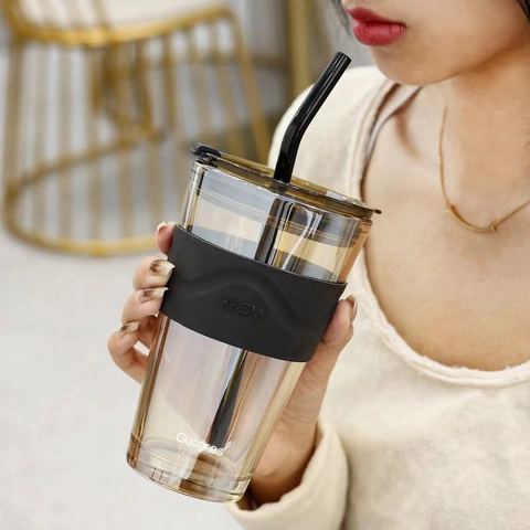 Glass Tumbler With Silicone Sleeve And Straw Lead-free Portable Leak-proof Coffee Water Cup For Home Office Travel