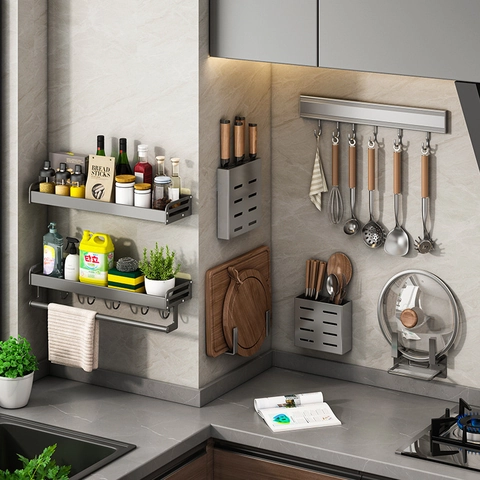 Gun Grey Kitchen Storage Rack Wall Mounted Space Aluminum Spice Organizer Punch-Free Knife Holder Multipurpose Heavy Duty Modern