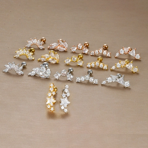 Stainless Steel Zirconia Stud Earrings Piercing Jewelry Star Leaf Geometric Screw Back Women