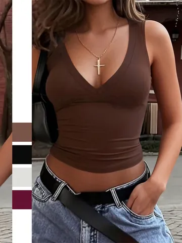 Women Tank Top Knitted V Neck Slim Fit Ribbed Sleeveless Summer Casual Y2K Style Solid Color Vest Top For Women