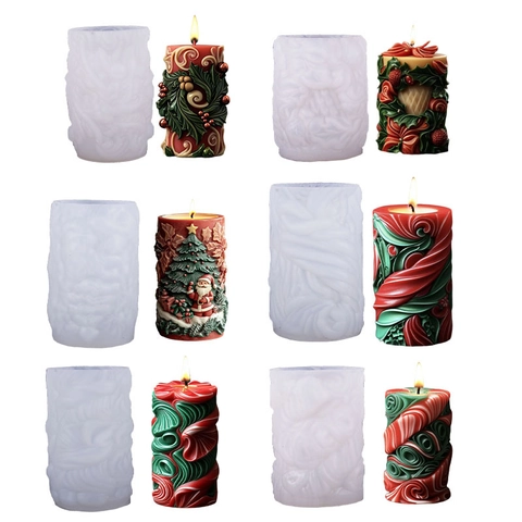 DIY Christmas Silicone Candle Mold Snowflake Snowman Holly Leaf Cylinder Aromatherapy Candle Making Silicone Mold 3D Relief Cake Decorating Tool