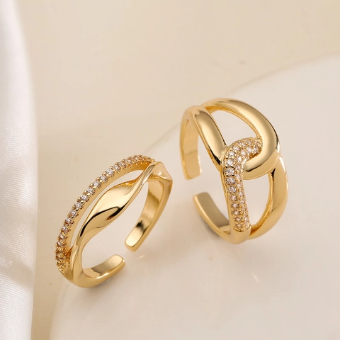 Geometrischer Offener Ring Kupfer 18K Vergoldet Zirkonia Mikropave Minimalistischer Verstellbarer Ring Damen