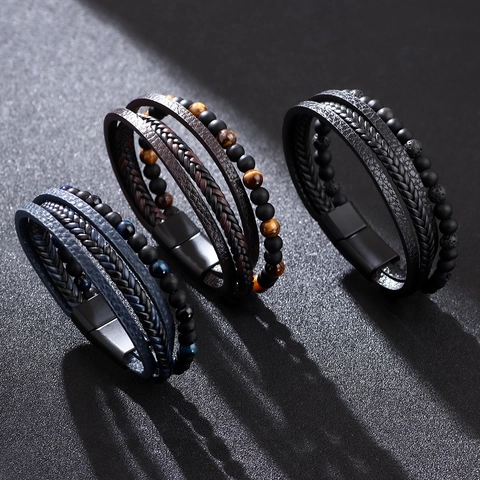 Men Vintage Multi-layer Braided Faux Leather Bracelet With Tiger Eye Natural Stone And Magnetic Clasp