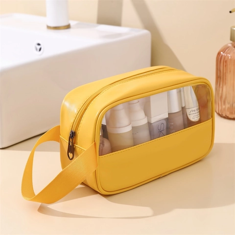 Trousse Maquillage Transparente Imperméable Cuir PU Voyage Organisateur Cosmétique Poignée