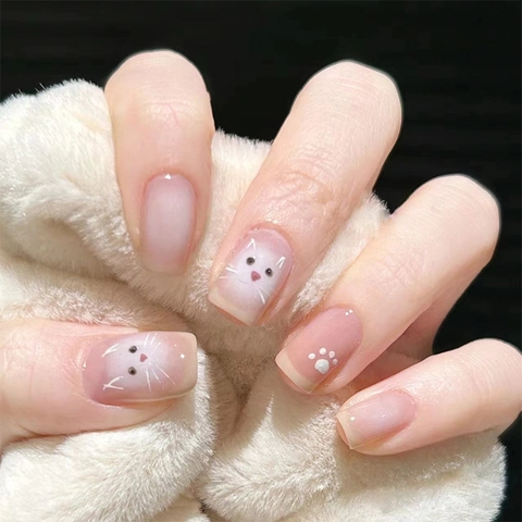 Press On Nails Cute Cat Paw Print Matte Pink Nude Short Square Fake Nails Manicure Accessories For Women Girls