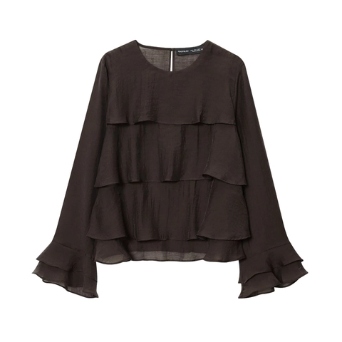 Gestuftes Volant-Oberteil Für Damen Langarm Rundhalsausschnitt Solide Kaffee Elegante Leichte Bluse