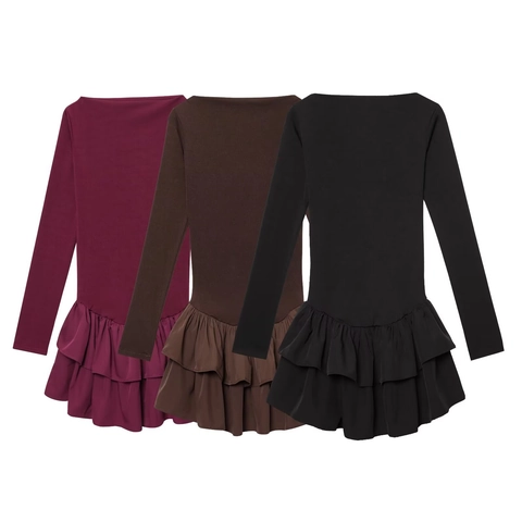 Elegant Off Shoulder Long Sleeve Tiered Ruffle Mini Dress Solid Color Slim Fit Polyester For Women