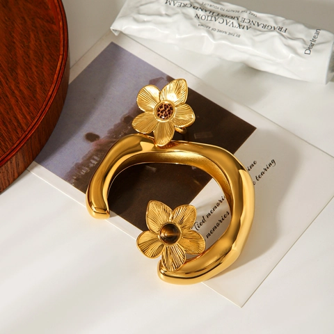 Stainless Steel Flower Rings And Wave Bracelet For Women Gold Plated Retro Bohemian Style With Tiger Eye Stone