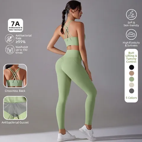 Dames Yoga Beha En Legging Met Hoge Taille Gekruiste Rug Antibacterieel Nylon Spandex Fitness Workout Kleding
