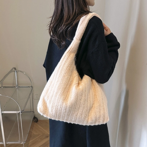 Borsa Tote In Peluche Ecopelliccia Grande Capacità Borsa A Spalla Trama A Costine Morbida Borsa Hobo Moda Autunno Inverno Donna