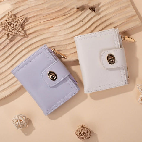 Women Short Bifold Wallet PU Leather Minimalist Fashion Coin Purse With Twist Lock And Zipper Multi Slot For Daily Use