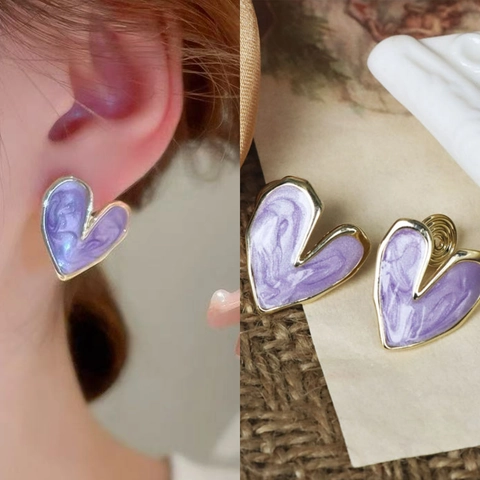 Orecchini Cuore Lega Smalto Trama Marmo Vintage Gioielli Donne Con Silver Earring Post