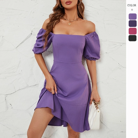 Square Neck Puff Sleeve Dress Women Polyester Solid Color Short Mini A-Line Slim Fit Casual Summer Fashion Elegant