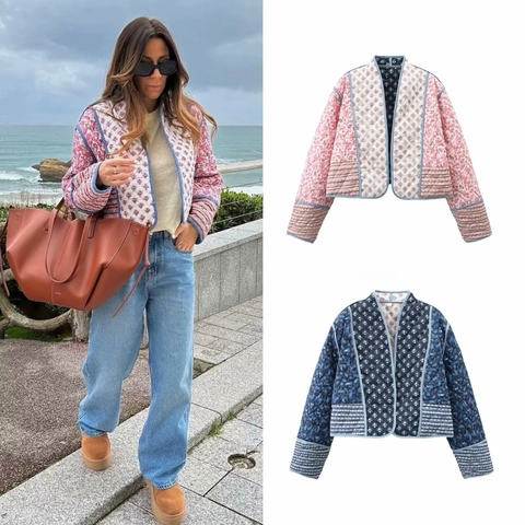 Damen Steppjacke Wendbar Blumen Paisley Muster Vintage Boho Kurz Wattierte Jacke Leichte Oberbekleidung