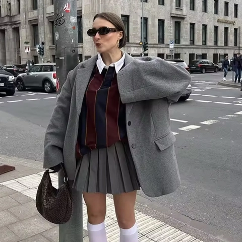 Damen Oversized Blazer Mode Lässig Revers Einreihig Langarm Space Gray Jacke Für Die Arbeit