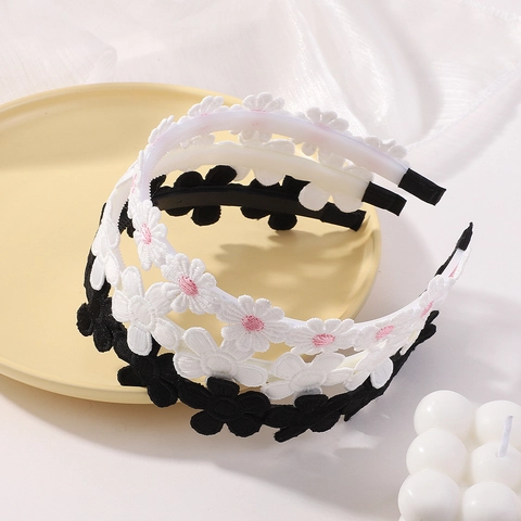 Serre-Tête Fleur Marguerite Brodé Style Palais Rétro Bandeau En Tissu Pour Filles Enfants