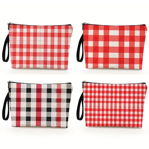 Borsa Trucco A Quadretti Tela Lino Pochette Cosmetici Portatile Viaggio Organizer Con Cerniera Cinturino Moda Donne