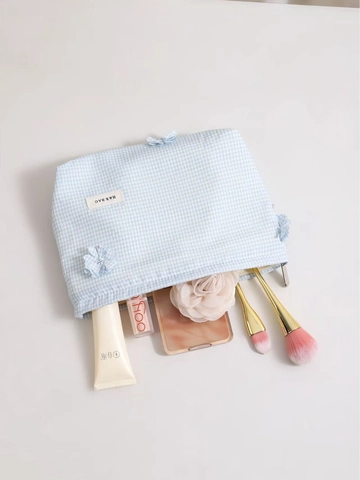 Trousse De Maquillage En Toile Gingham Organisateur De Soins De Peau Portable Pochette De Lavage Avec Décoration Florale