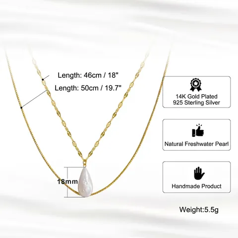 Collana a Doppio Strato in Argento Sterling 925 Perla d'Acqua Dolce Placcata Oro 14K Pendente a Goccia Gioielli Minimalisti Donna Matrimonio