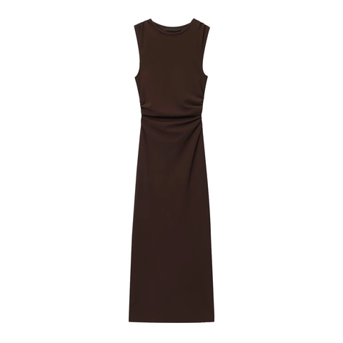 Sleeveless Round Neck Maxi Dress Back Cutout Ruched Detail With Metal Ring Coffee Polyester Slim Fit Back Slit