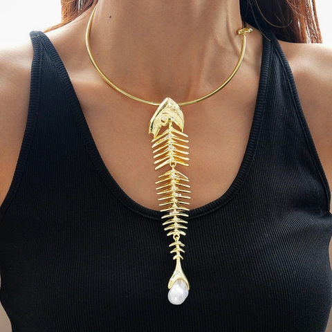 Collana Girocollo Con Pendente A Lisca Di Pesce Esagerata Con Lega Strass E Perla Artificial Gioielli Di Moda Per Donna