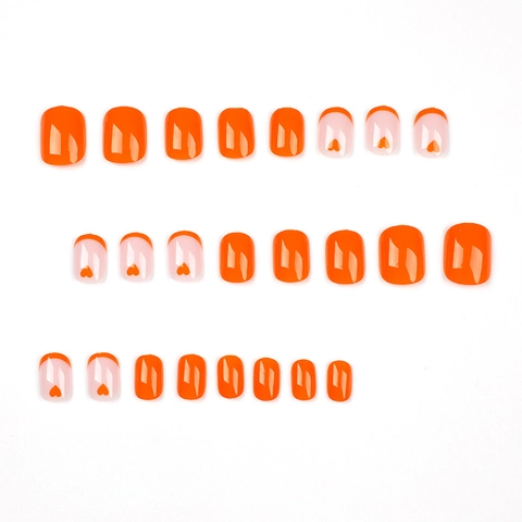 Press On Nails French Orange Heart Pattern Glossy Short Square Round Artificial Fake Nails For Women Daily Wear