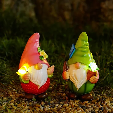 Solar Garden Gnome Statue Outdoor Decor Resin Watermelon Strawberry Figurine LED Light Hand Painted Yard Art Ornament