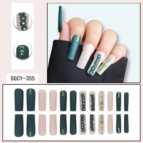 Uñas Postizas Largas Coffin Press On Mate Verde Oscuro Rosa Nude Con Pedrería Y Diseño Floral Elegantes Para Mujer