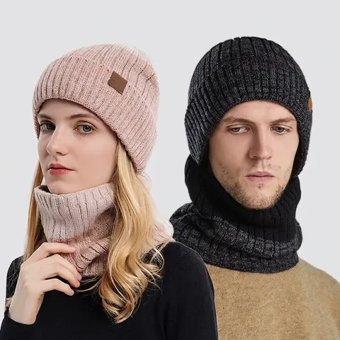 Bonnet Beanie D'Hiver Et Cache-Col En Tricot Acrylique Doublé Polaire Thermique Sport Extérieur Pour Hommes Et Femmes