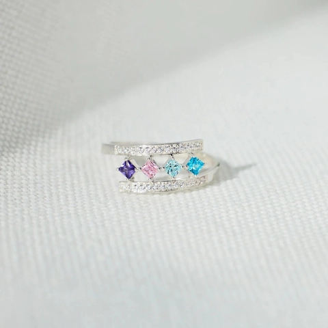 Anillo De Plata De Ley 925 Circonita Colorida Cuadrada Micro Pavé Circonita Blanca Joyería Geométrica Simple