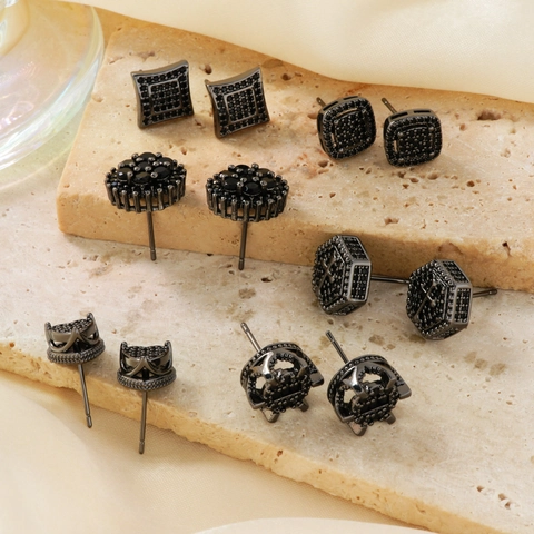 Boucles d'Oreilles Clous en Cuivre avec Zirconia Noir pour Hommes Femmes Unisexe Géométrique Carré Cœur Bijoux Hip Hop