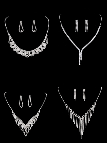 Collana E Orecchini Con Strass Per Sposa Matrimonio Festa Elegante Gioielli Placcati Argento Brillanti Donna