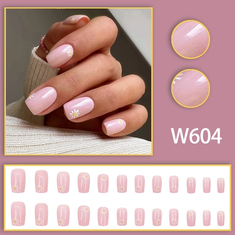Unghie Finte A Pressione Margherita Rosa Corte Quadrate Copertura Totale Dolce Fiore DIY Manicure